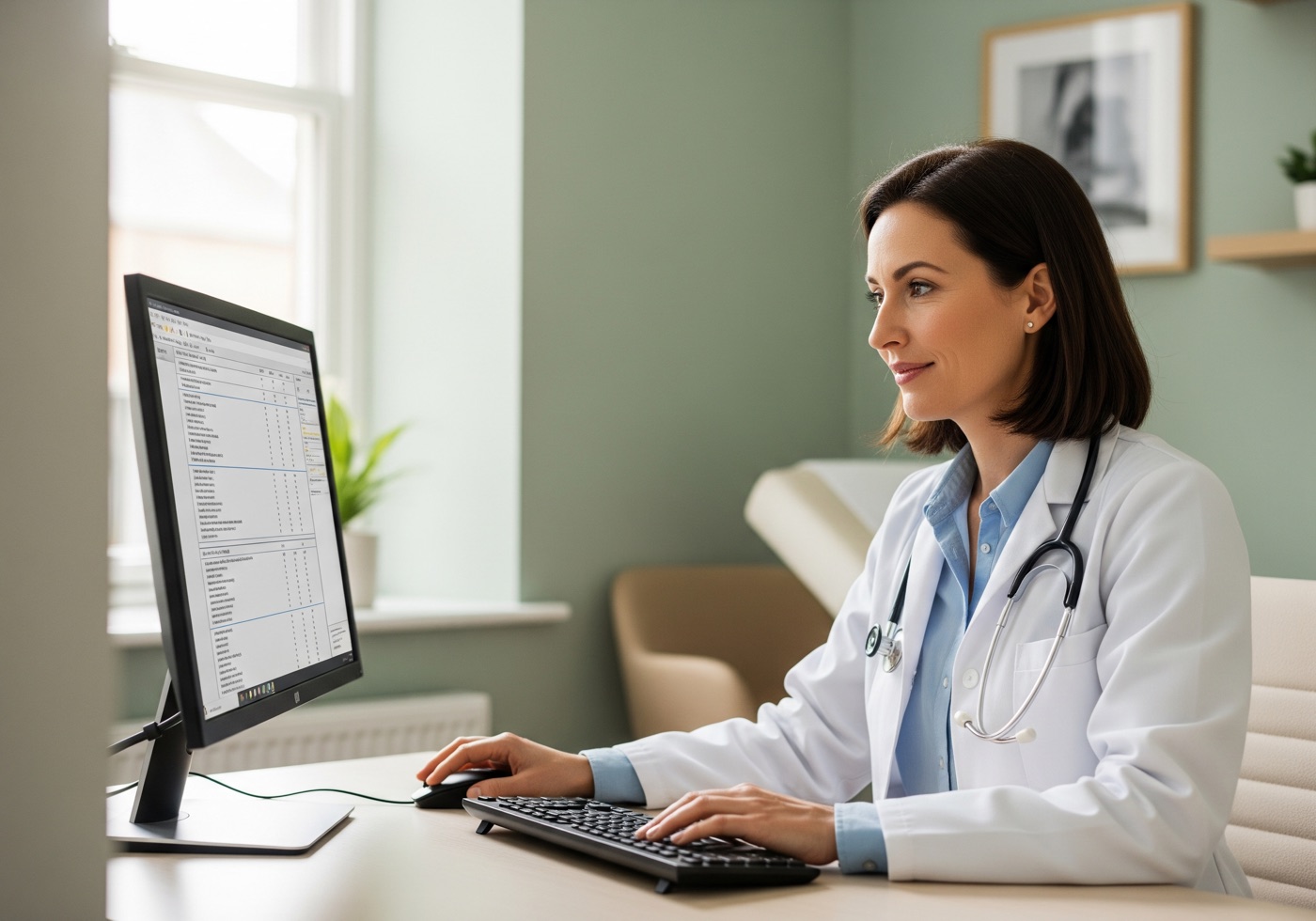A GMC-registered doctor reviewing a patient's blood test results on screen